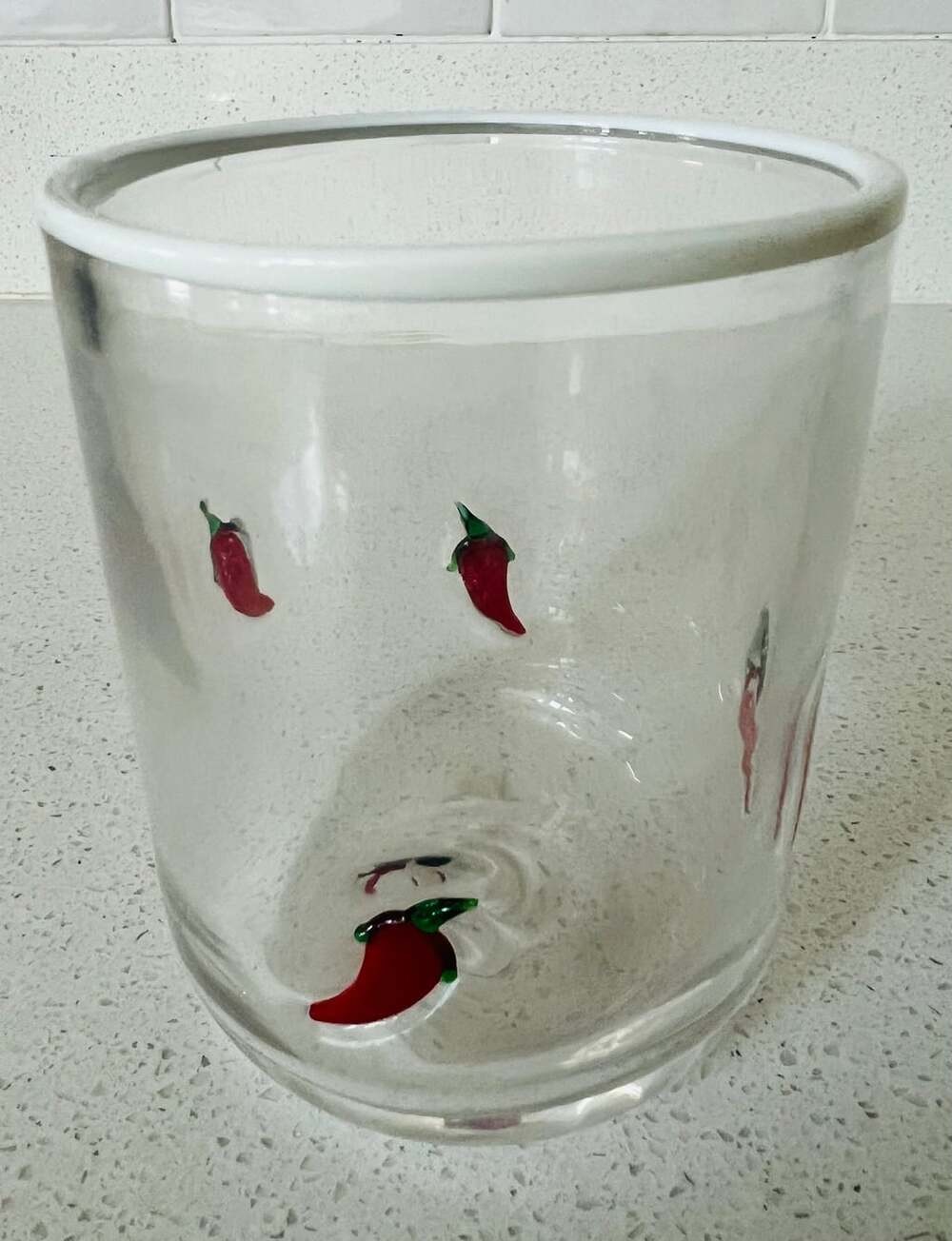 Anthropologie Icon Juice Glass Chili Pepper Clear Read 17.25 oz 4.5" x 3.5